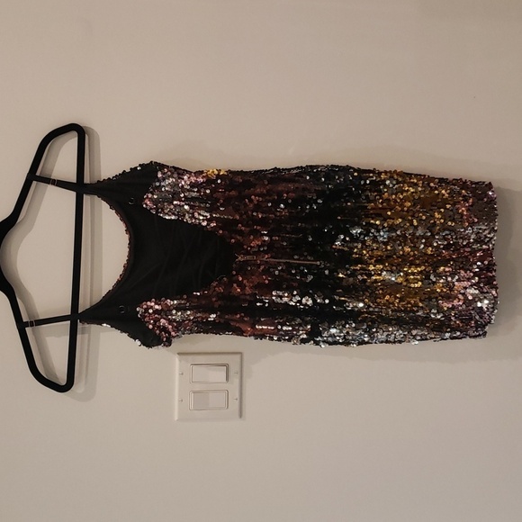 REVAMPED Sequence Evening Mini Dress Gold Copper Silver Spaghettin Straps - Picture 2 of 14